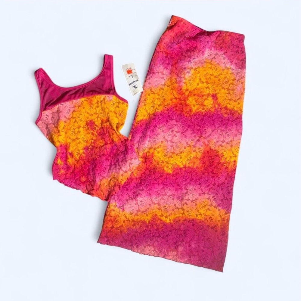 Vibrant Pink & Orange Lace Tank + Skirt Set